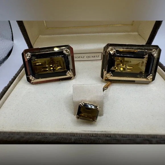 1960’s Swank Grand Prix Topaz Quartz Cuff Links Tie Pin - Picture 1 of 6